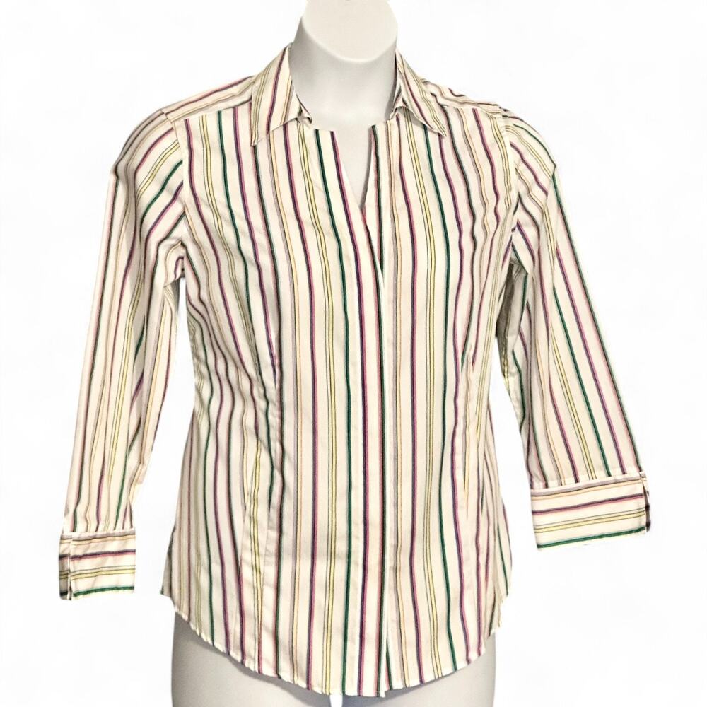 Taylor Gold Label Button Up Shirt Size 10 V Neck Top Colorful Striped 3/4 Sleeve